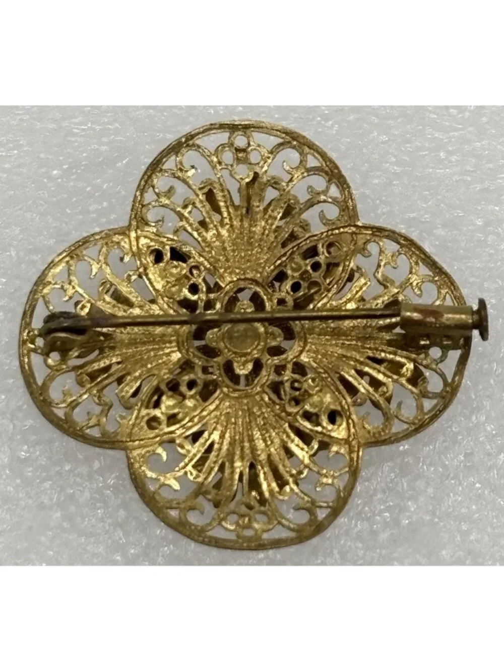 Vintage Czech Filigree Brooch Gold Tone Teardrop Pink Rhinestones Trombone Clasp